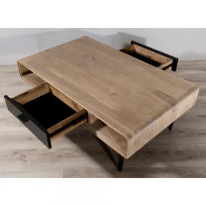 MACABANE Table Basse Rectangulaire 2 Tiroirs 2 Niches Esprit Atelier 9