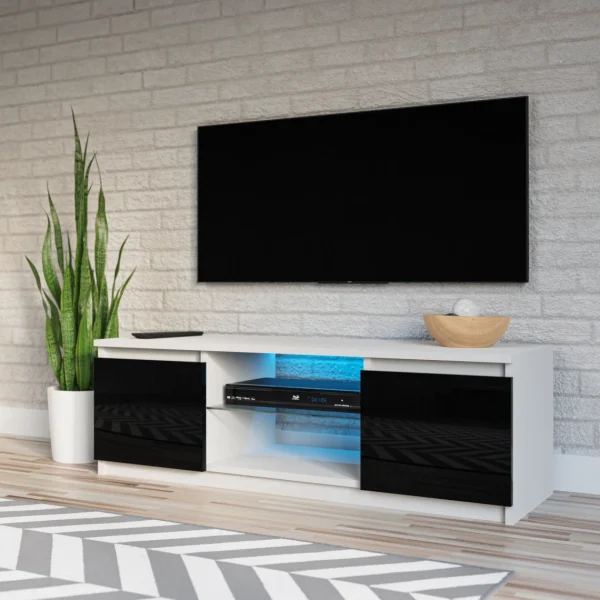 3xEliving Meuble TV Avec Rangement Demi 120 Cm Avec LED, Blanc / Noir … 3