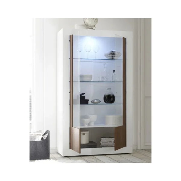 Tousmesmeubles Vitrine 2 Portes Blanc/Noyer à LEDs – LUBIO 3