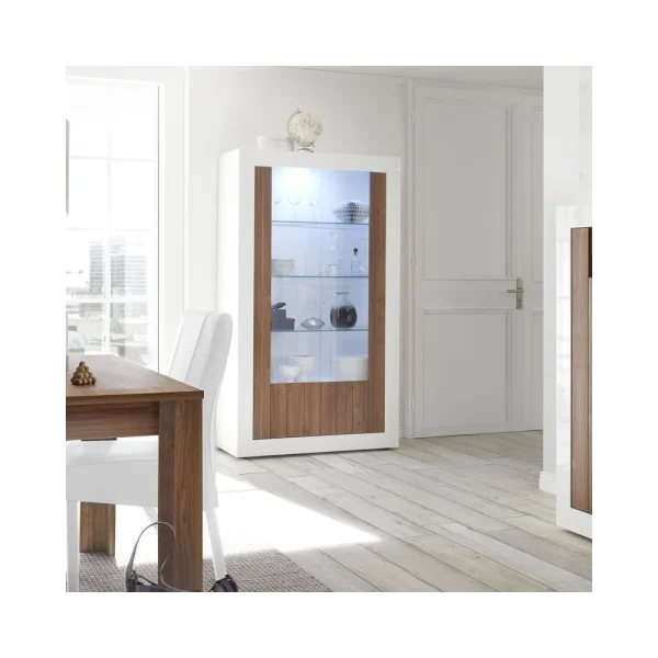 Tousmesmeubles Vitrine 2 Portes Blanc/Noyer à LEDs – LUBIO 5