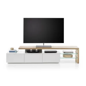 Pegane Meuble TV En Blanc Mat Et Chêne Massif Avec 3 Tiroirs – L204 X H40 X … 7