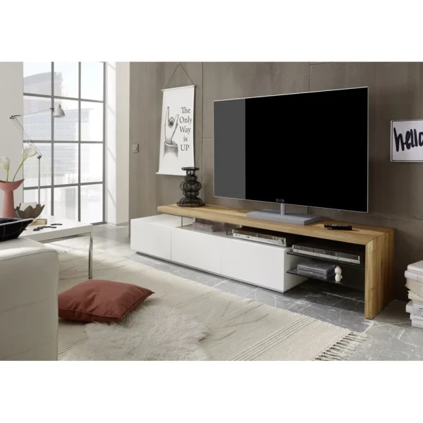 Pegane Meuble TV En Blanc Mat Et Chêne Massif Avec 3 Tiroirs – L204 X H40 X … 1