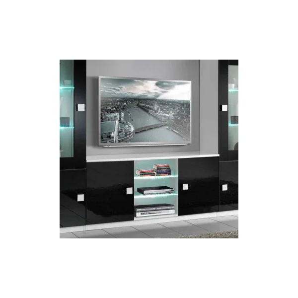 Dansmamaison Meuble TV 2 Portes Noir/Blanc à LEDS – ZEME – L 150 X L 47 X H 70 Cm 1