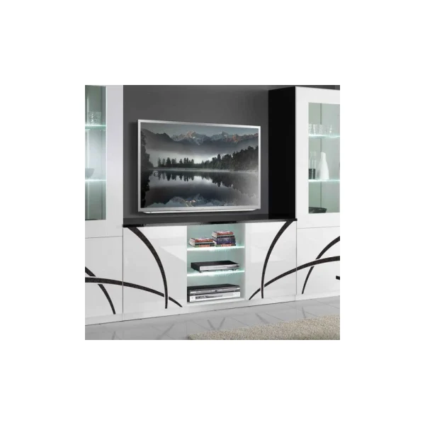 Dansmamaison Meuble TV 2 Portes Blanc/Noir à LEDS – CROSS – L 150 X L 47 X H 70 Cm 1