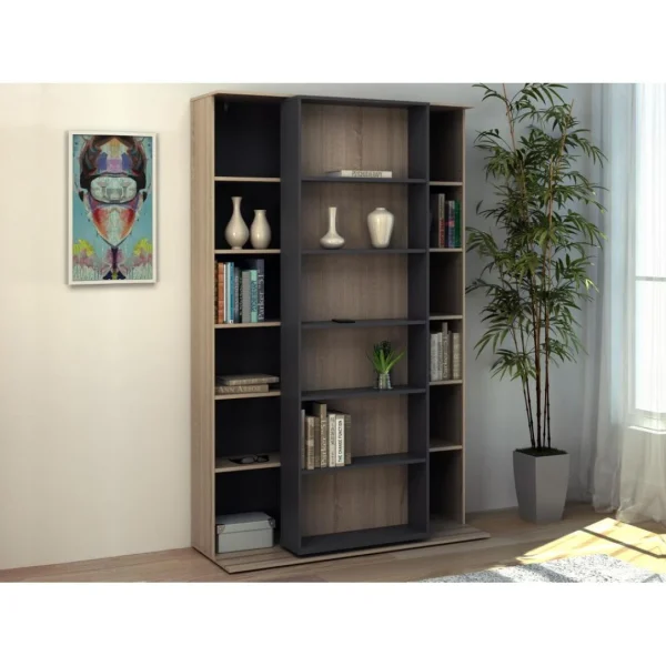 Vente-unique Bibliothèque Coulissante Avec 18 Niches – Naturel Et Anthracite – PRA… 1