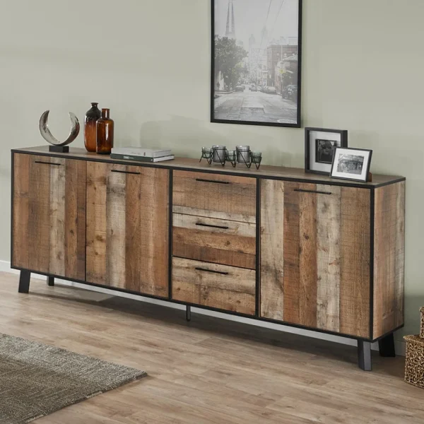 NOUVOMEUBLE Buffet 220 Cm Industriel Couleur Bois Vieilli ICARE 1