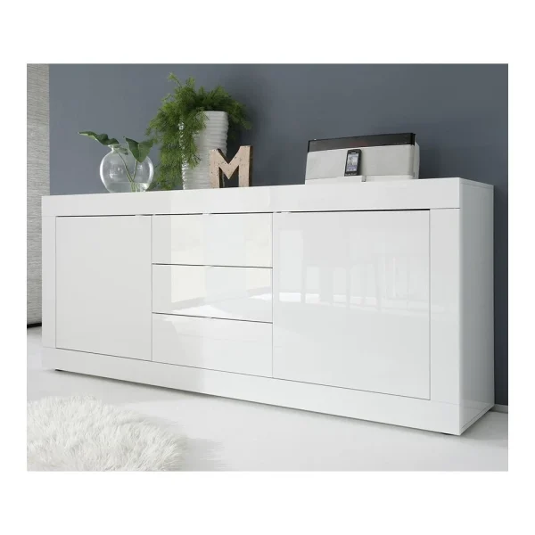 KASALINEA Buffet Bahut Blanc Brillant Laqué 2 Portes 3 Tiroirs Design ARIEL 1