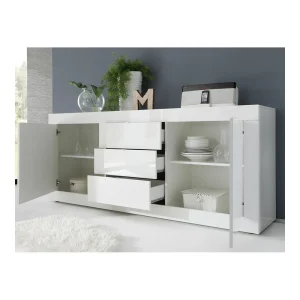 KASALINEA Buffet Bahut Blanc Brillant Laqué 2 Portes 3 Tiroirs Design ARIEL 7