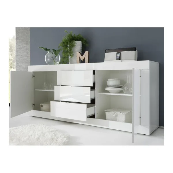 KASALINEA Buffet Bahut Blanc Brillant Laqué 2 Portes 3 Tiroirs Design ARIEL 3