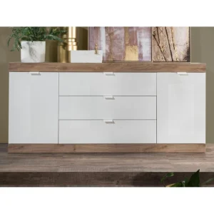 Vente-unique Buffet Avec 2 Portes Et 3 Tiroirs – Naturel Et Blanc Laqué – EVOLIA 9