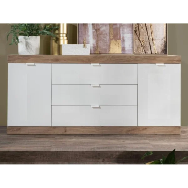 Vente-unique Buffet Avec 2 Portes Et 3 Tiroirs – Naturel Et Blanc Laqué – EVOLIA 3