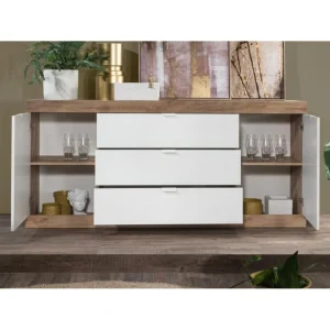 Vente-unique Buffet Avec 2 Portes Et 3 Tiroirs – Naturel Et Blanc Laqué – EVOLIA 11