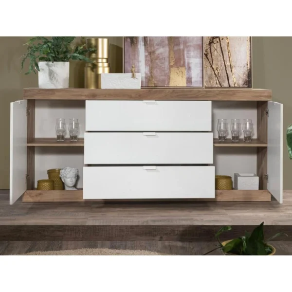 Vente-unique Buffet Avec 2 Portes Et 3 Tiroirs – Naturel Et Blanc Laqué – EVOLIA 4