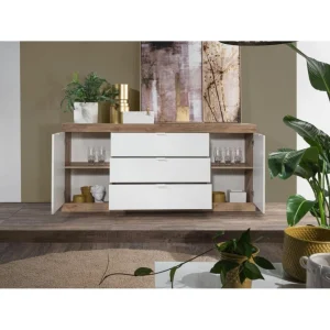 Vente-unique Buffet Avec 2 Portes Et 3 Tiroirs – Naturel Et Blanc Laqué – EVOLIA 13