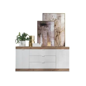 Vente-unique Buffet Avec 2 Portes Et 3 Tiroirs – Naturel Et Blanc Laqué – EVOLIA 15