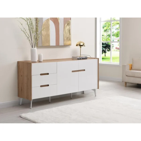 Vente-unique Buffet 2 Portes Et 3 Tiroirs – MDF Et Métal – Blanc Laqué Et Naturel… 1