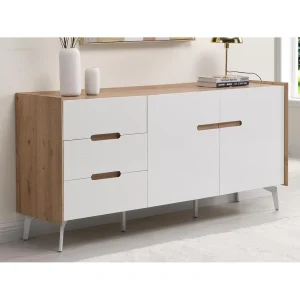 Vente-unique Buffet 2 Portes Et 3 Tiroirs – MDF Et Métal – Blanc Laqué Et Naturel… 9