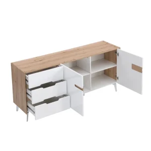 Vente-unique Buffet 2 Portes Et 3 Tiroirs – MDF Et Métal – Blanc Laqué Et Naturel… 15