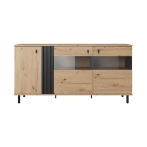 Vente-unique Buffet 3 Portes Avec LEDs En MDF Et Métal – Naturel Et Noir – SABIA 11