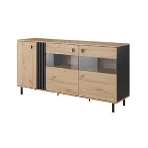 Vente-unique Buffet 3 Portes Avec LEDs En MDF Et Métal – Naturel Et Noir – SABIA 13