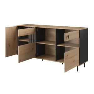 Vente-unique Buffet 3 Portes Avec LEDs En MDF Et Métal – Naturel Et Noir – SABIA 15