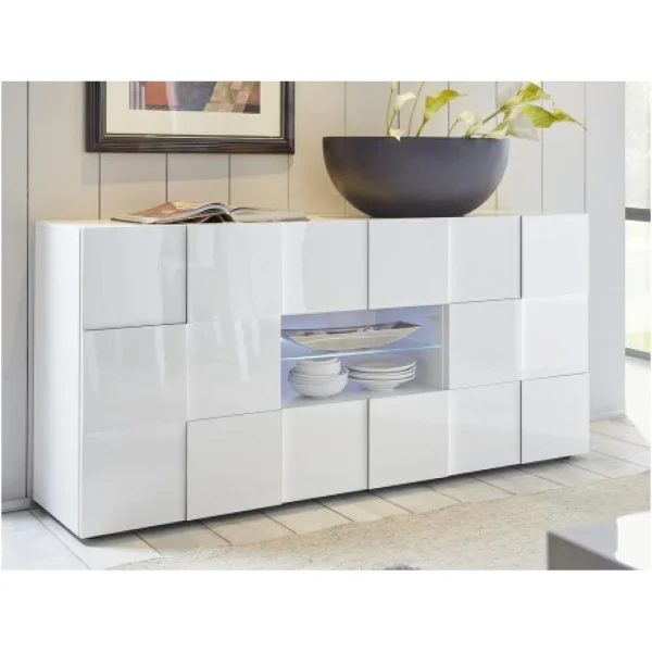 Vente-unique Buffet CALISTO – LEDs – 2 Portes & 2 Tiroirs – Blanc Laqué 1