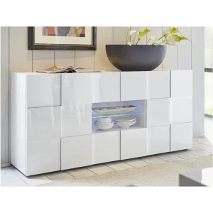 Vente-unique Buffet CALISTO – LEDs – 2 Portes & 2 Tiroirs – Blanc Laqué 9