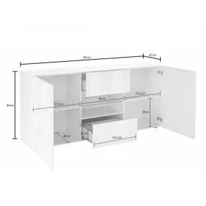 Vente-unique Buffet CALISTO – LEDs – 2 Portes & 2 Tiroirs – Blanc Laqué 11