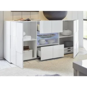 Vente-unique Buffet CALISTO – LEDs – 2 Portes & 2 Tiroirs – Blanc Laqué 15