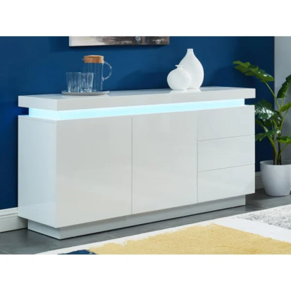 Vente-unique Buffet EMERSON II – LEDs – 2 Portes & 3 Tiroirs – MDF Laqué Blanc 1