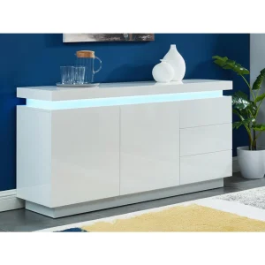 Vente-unique Buffet EMERSON II – LEDs – 2 Portes & 3 Tiroirs – MDF Laqué Blanc 9