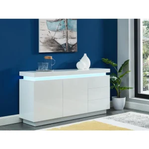 Vente-unique Buffet EMERSON II – LEDs – 2 Portes & 3 Tiroirs – MDF Laqué Blanc 15