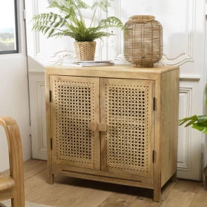 MACABANE Buffet Marron 2 Portes Bois De Manguier Et Cannage Naturel ISA 22