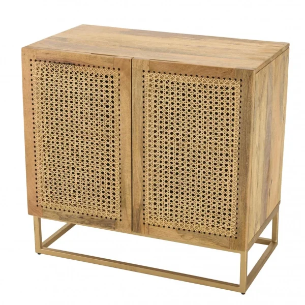 MACABANE Buffet Marron 2 Portes Bois Manguier Et Cannage Pied Métal Doré ISA 3