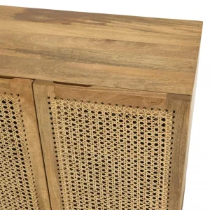 MACABANE Buffet Marron 2 Portes Bois Manguier Et Cannage Pied Métal Doré ISA 16