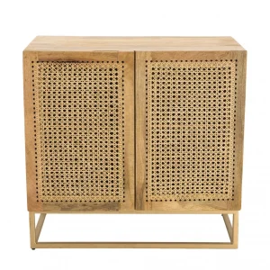 MACABANE Buffet Marron 2 Portes Bois Manguier Et Cannage Pied Métal Doré ISA 20