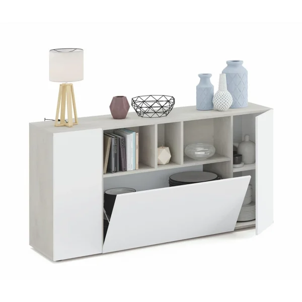 Pegane Buffet Meuble De Rangement Avec 3 Portes Coloris Béton / Blanc Artic … 4