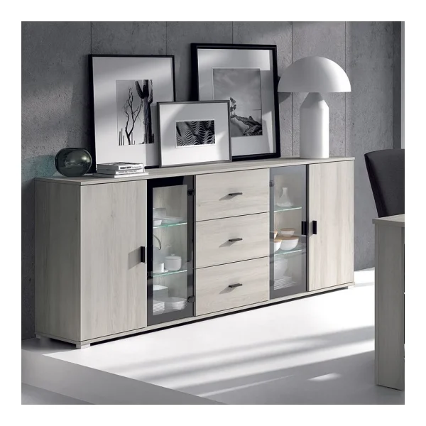 HAPPYMOBILI Buffet Bahut Couleur Chêne Gris Contemporain CLAUDIA 1