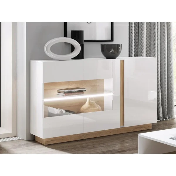 Vente-unique Buffet MURARI – 3 Portes – Avec LEDs – Blanc Brillant Et Chêne 1