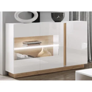 Vente-unique Buffet MURARI – 3 Portes – Avec LEDs – Blanc Brillant Et Chêne 9