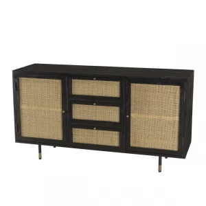 MACABANE Buffet Noir 2 Portes Coulissantes 1 Porte Abattante Cannage YANIS 13