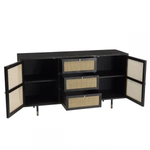 MACABANE Buffet Noir 2 Portes Coulissantes 1 Porte Abattante Cannage YANIS 21