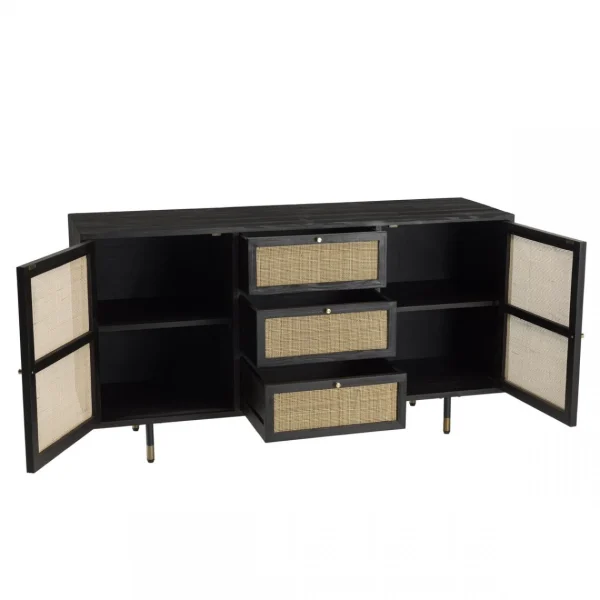 MACABANE Buffet Noir 2 Portes Coulissantes 1 Porte Abattante Cannage YANIS 7