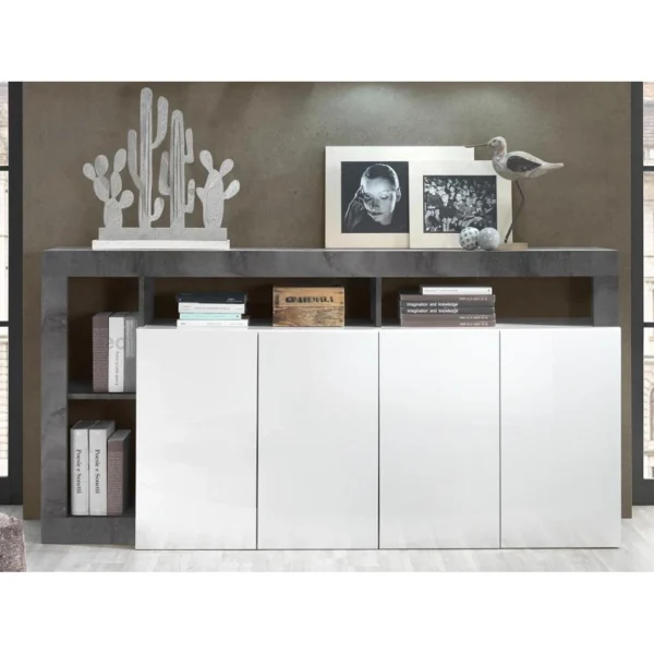 Vente-unique Buffet SEFRO – 4 Portes Et 4 Niches – Blanc Laqué Et Béton 1