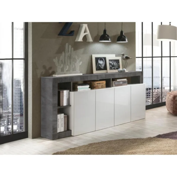 Vente-unique Buffet SEFRO – 4 Portes Et 4 Niches – Blanc Laqué Et Béton 4