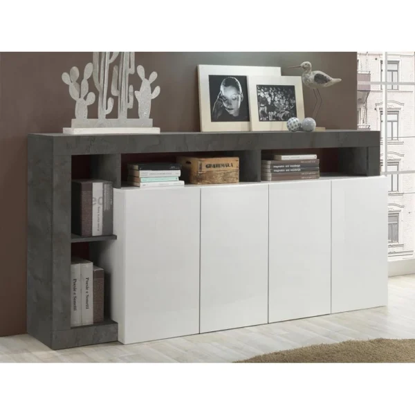 Vente-unique Buffet SEFRO – 4 Portes Et 4 Niches – Blanc Laqué Et Béton 5