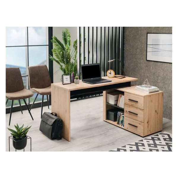 Vente-unique Bureau D’angle DEVEN Avec Rangements – 3 Tiroirs – Coloris : Chêne Et… 4