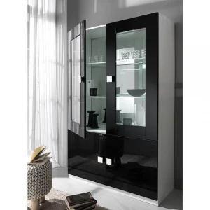 Altobuy COLUMBUS – Vitrine 4 Portes Laquée Brillant Blanc Et Noir 10