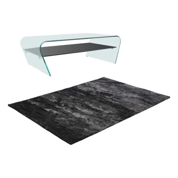 Vente-unique Ensemble Table Basse Transparent Et Noir KELLY Et Tapis Shaggy Anthrac… 1