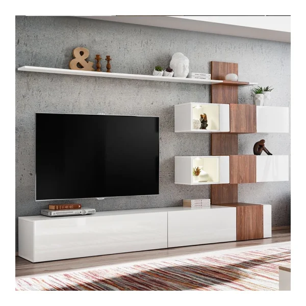 NOUVOMEUBLE Meuble TV Suspendu Blanc Et Couleur Bois ANDRANO 1